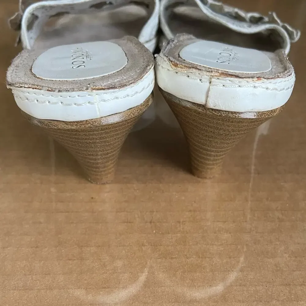 Sonoma Cheeky White Leather Floral Wedge Heels Sz 7 Sandals Boho Pyrography !